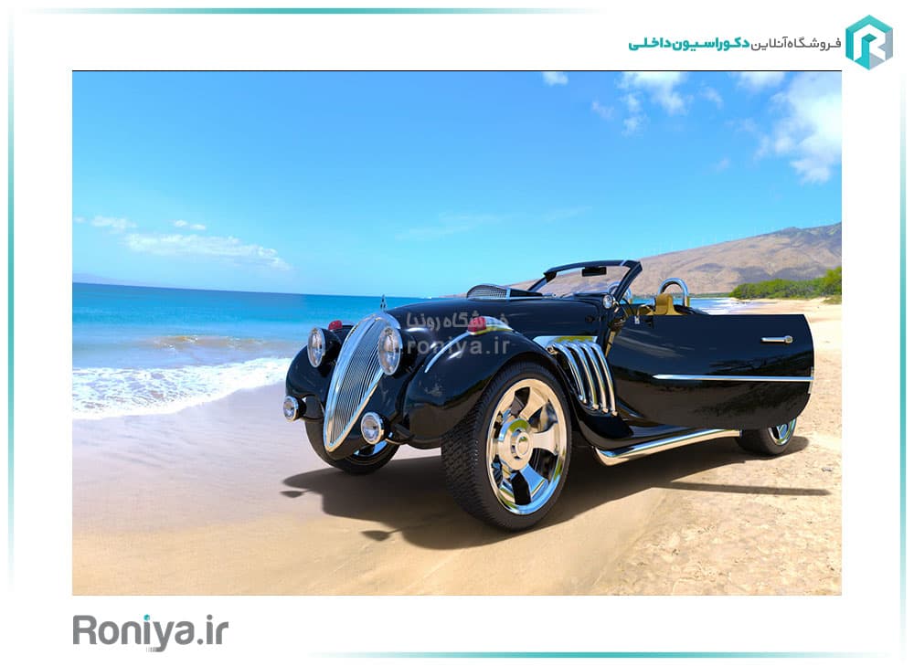 پوستر دیواری سه بعدی چشم انداز خودروی کلاسیک مشکی کد LS-036