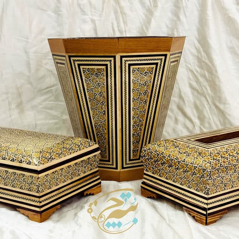 ست خاتم کاری نفیس ( جعبه دستمال کاغذی جعبه کارد و چنگال سطل پذیرایی ) — تصویر ۲