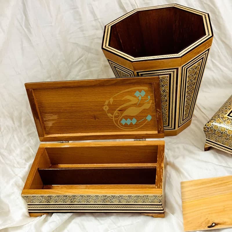 ست خاتم کاری نفیس ( جعبه دستمال کاغذی جعبه کارد و چنگال سطل پذیرایی ) — تصویر ۸