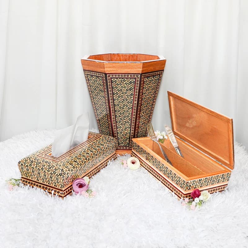 ست سه تکه جادستمال سطل جاکاردی خاتم کاری طرح سوخته — تصویر ۲