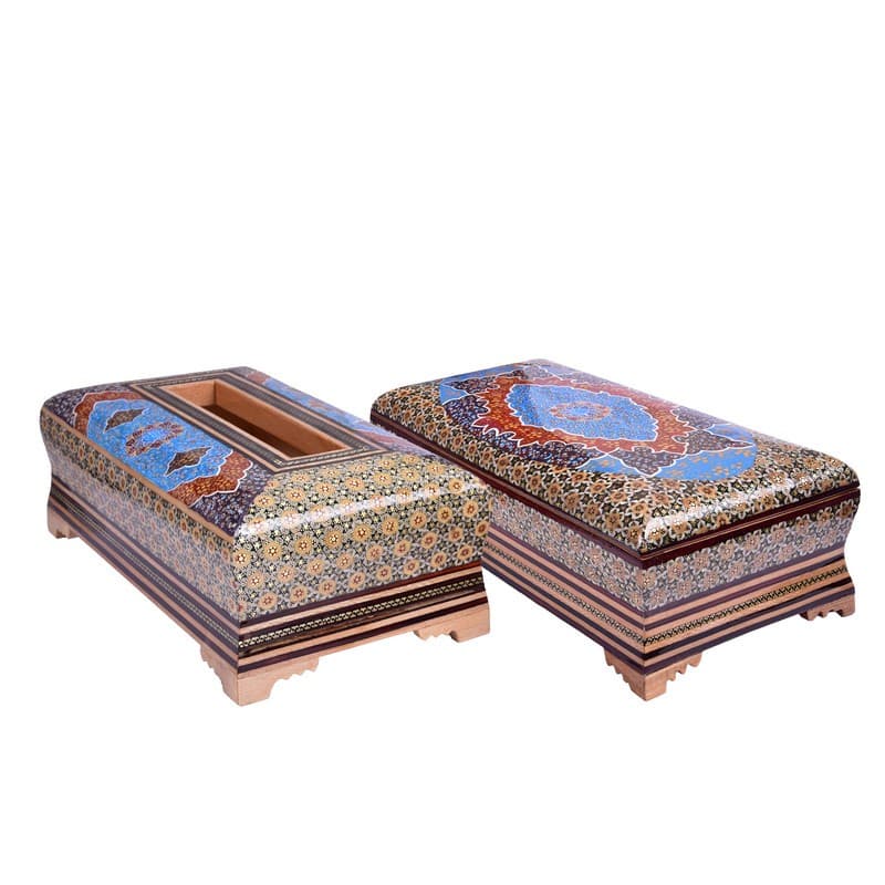 ست جعبه دستمال کاغذی و سطل و جا کاردی خاتم کاری طرح تذهیب — تصویر ۳