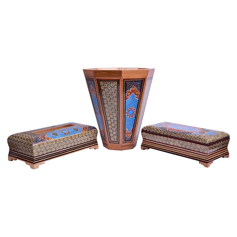 ست جعبه دستمال کاغذی و سطل و جا کاردی خاتم کاری طرح تذهیب — تصویر ۶