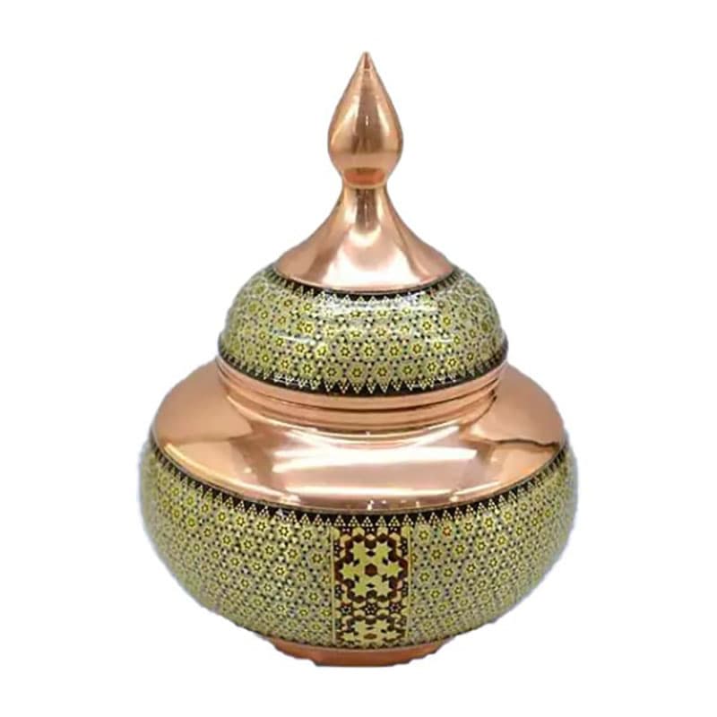 قندان سیبی مس و خاتم کاری شالدار بزرگ — تصویر ۳