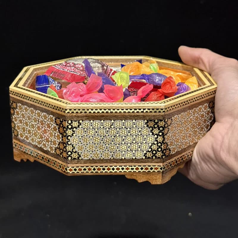 شکلات خوری خاتم کاری هشت گوش شیشی — تصویر ۳