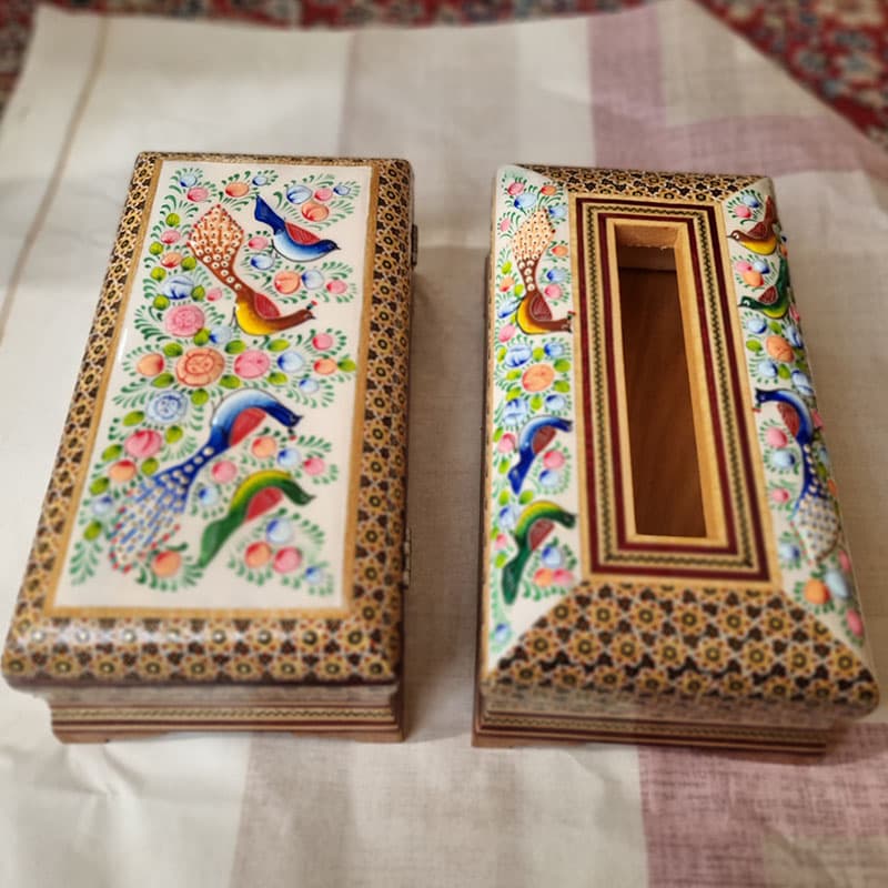 جعبه دستمال کاغذی و جاقاشقی خاتم کاری گل و بلبل — تصویر ۶