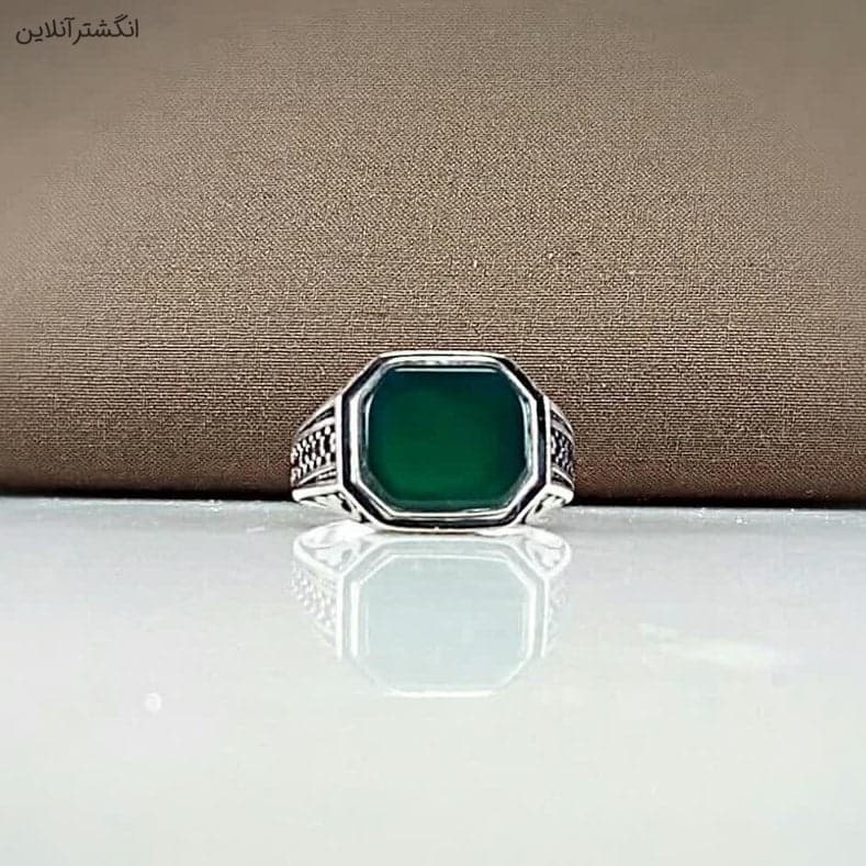 انگشتر عقیق سبز مردانه نقره با نگین تخت کد{92} — تصویر ۴