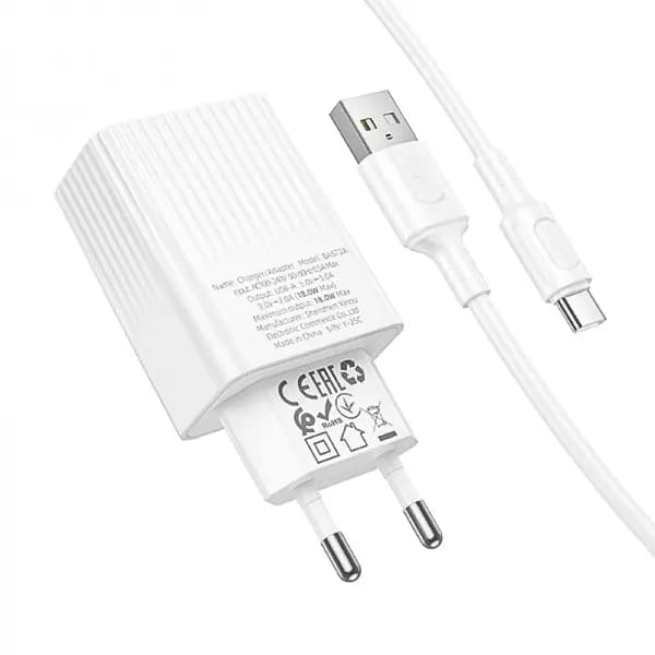 شارژر دیواری QC 18W بروفون مدل BAS72A + کابل تایپ سی — تصویر ۳
