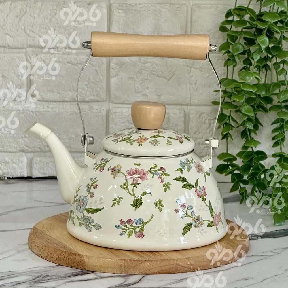 کتری تک لعابی گلدار دسته چوب 1/5 لیتر