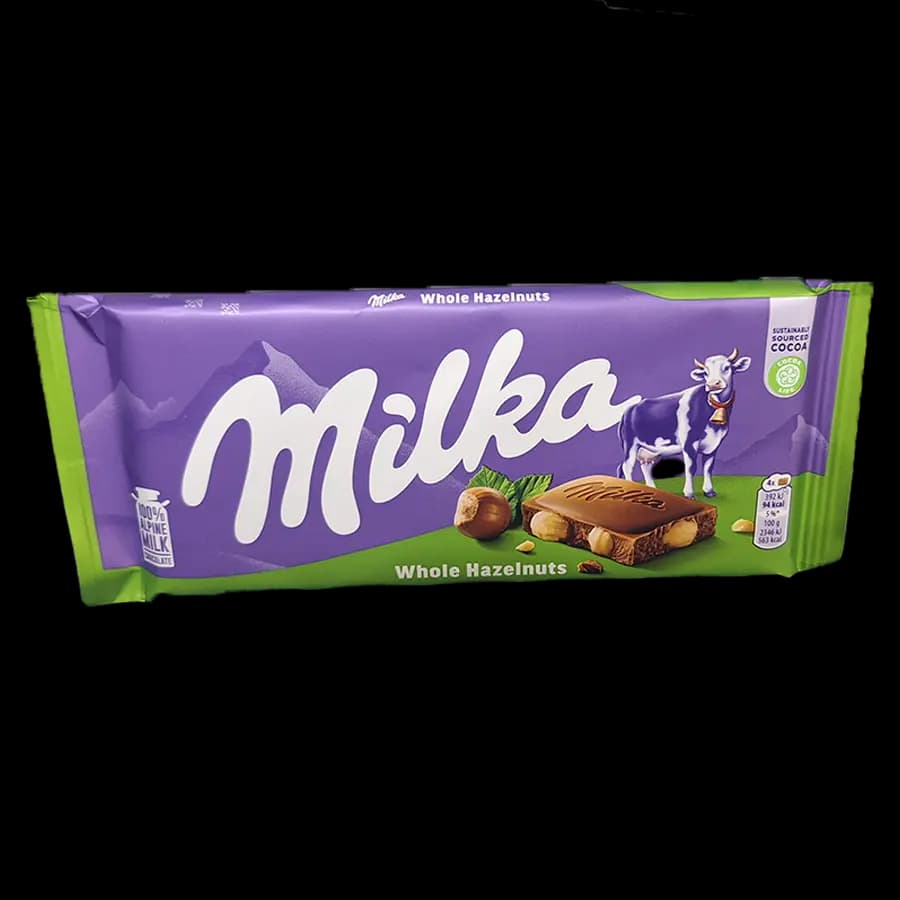 شکلات میلکا فندقی با مغز کامل (Whole Hazelnuts) در تابلت 100 گرمی