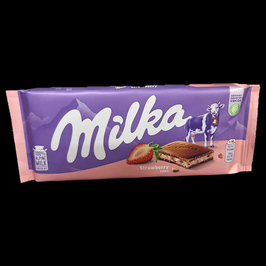 شکلات میلکا توت فرنگی (straberry) با ترکیب شیر گاو آلپاین 100 گرمی