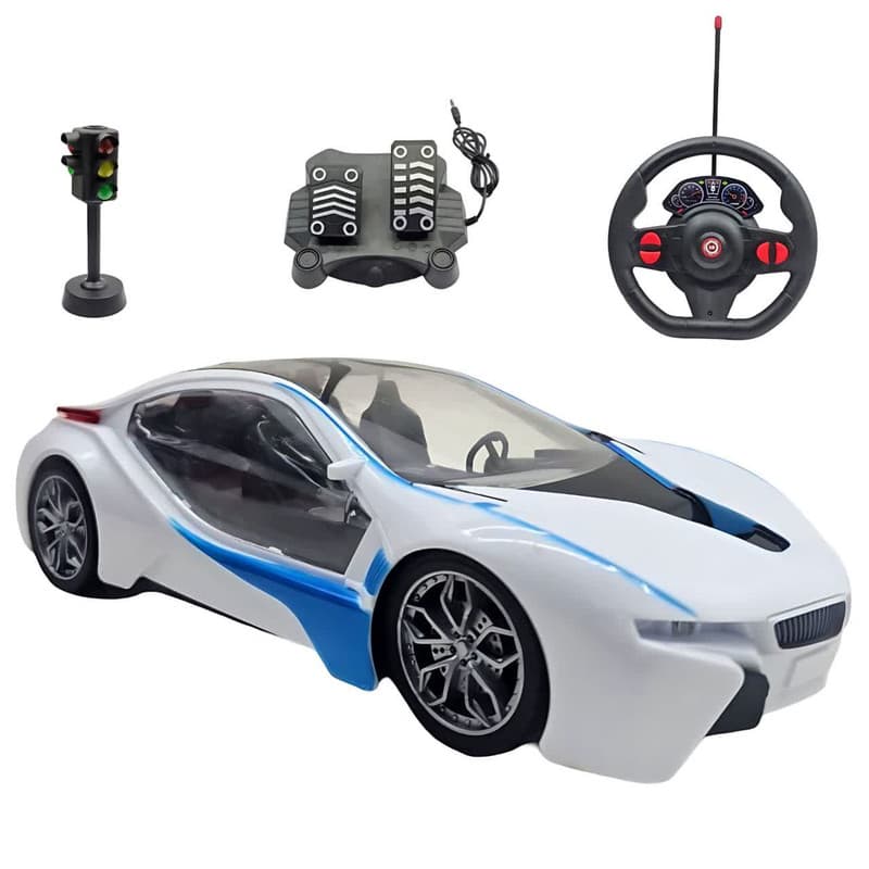 ماشین بازی کنترلی ناب سل مدل بی ام دبلیو آی ایت شارژی پدال دار فرمانی چراغ دار همراه با چراغ راهنمایی Rechargeable bmw i8 with pedals, illuminated steering wheel and traffic lights