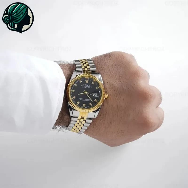 ست ساعت رولکس دیت جاست مردانه و زنانه صفحه مشکی 2649 — تصویر ۵