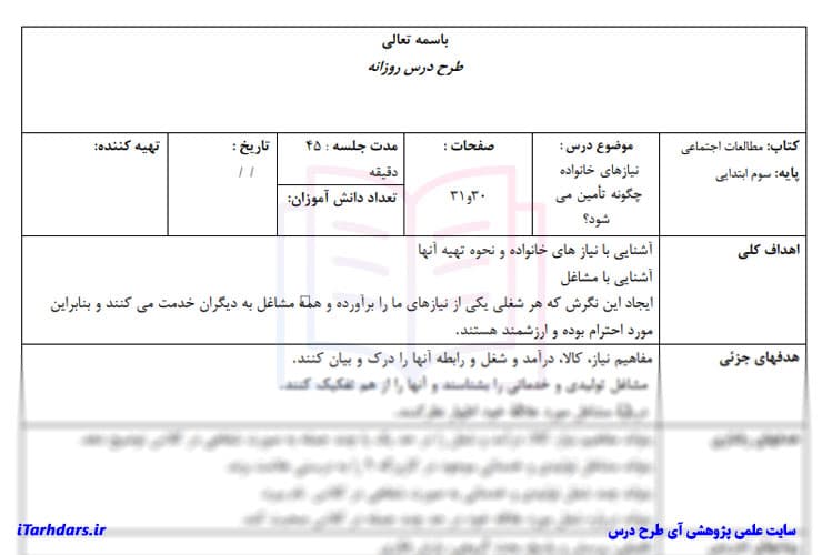 طرح درس روزانه مطالعات اجتماعی پایه سوم نیازهای خانواده چگونه تامین می شود — تصویر ۲