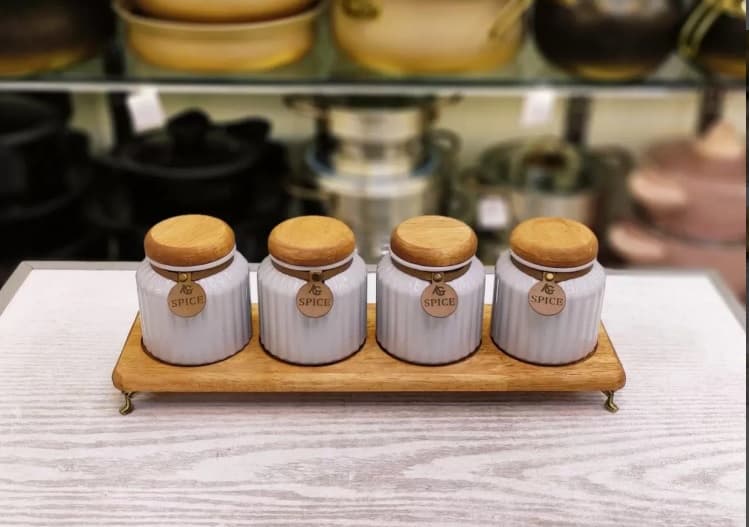 ست پاسماوری و ادویه 7 پارچه درب چوبی گلس کالر رنگ طوسی (شهرستان(تیپاکس)و پیک(تهران)) — تصویر ۳