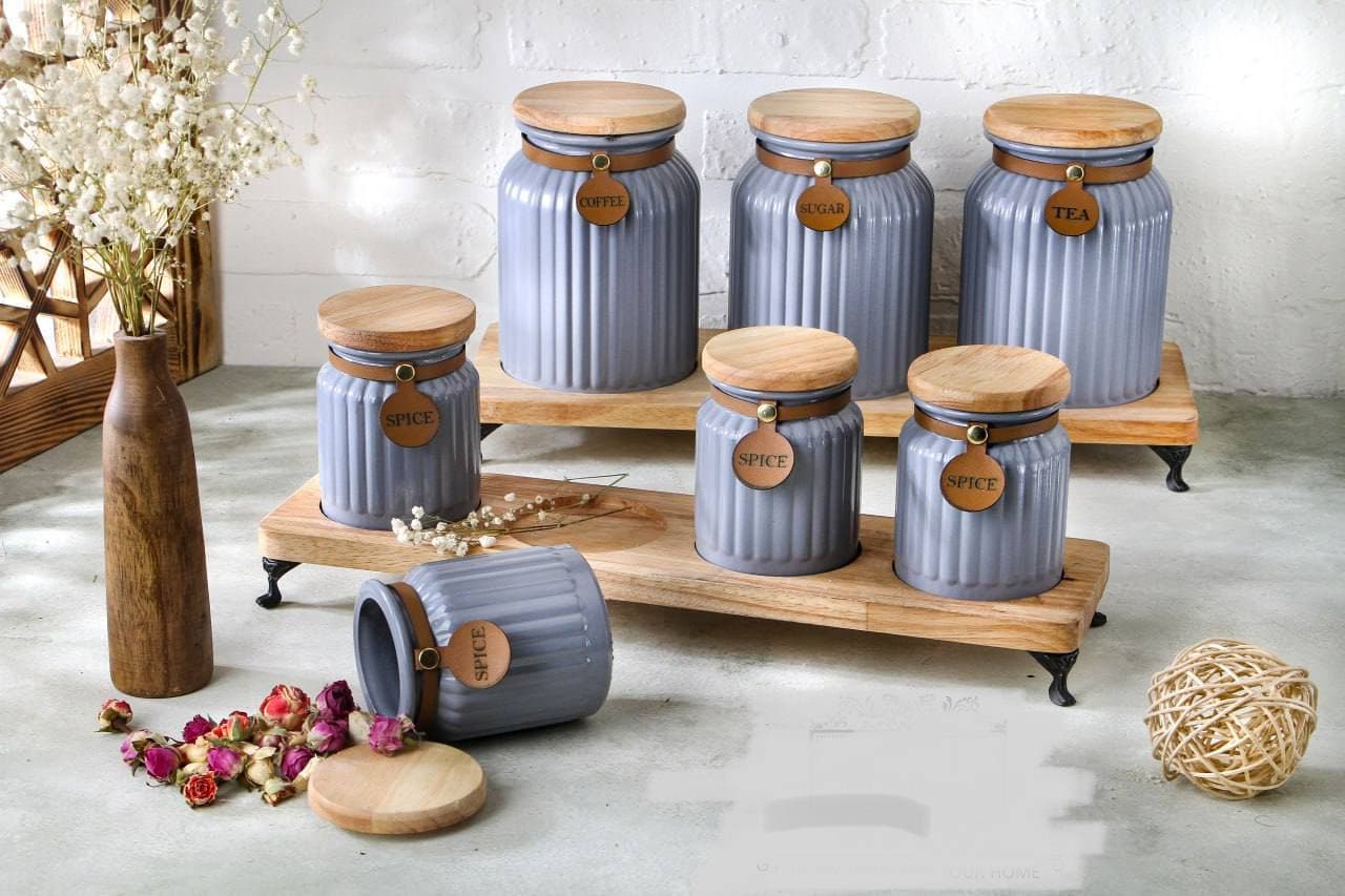ست پاسماوری و ادویه 7 پارچه درب چوبی گلس کالر رنگ طوسی (شهرستان(تیپاکس)و پیک(تهران)) — تصویر ۲