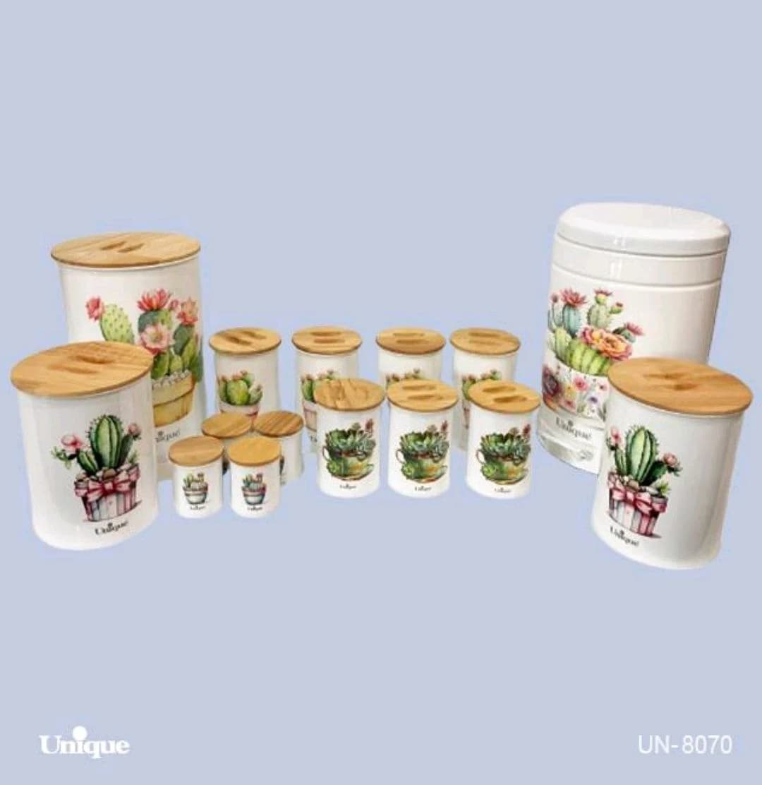 سرویس آشپزخانه 15 پارچه دکور سفید کاکتوس ساده بامبو یونیک کد UN-8070