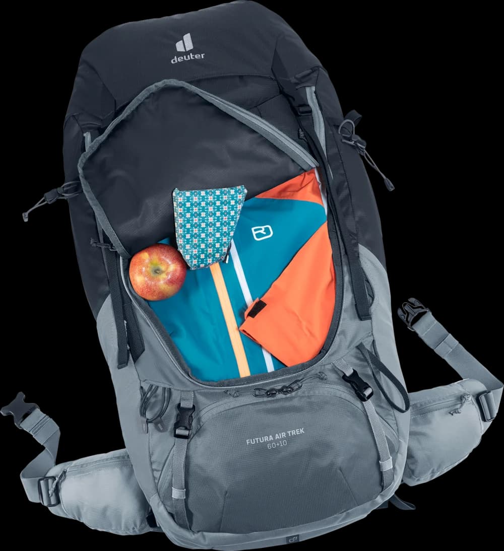 کوله پشتی دیوتر Deuter FUTURA AIR TREK 60+10 لیتری با سیستم ایر کامفورت، فریم آلومینیومی ارگونومیک، کاور بارانی و قابلیت حمل تبر یخ – ایده‌آل برای کوهنوردی و طبیعت‌گردی — تصویر ۸