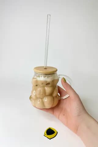 لیوان پیرکس حبابی دسته دار درب بامبو به همراه نی — تصویر ۲