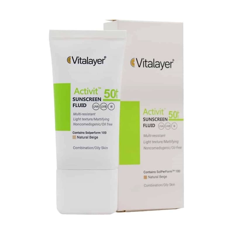 فلوئید ضد آفتاب ویتالیر رنگی بژ طبیعیSPF50 پوست چرب اکتی ویت 50 میل