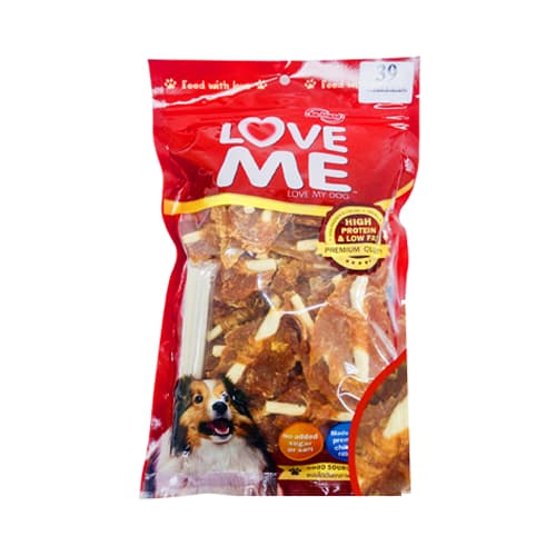 تشویقی سگ بالغ لاومی نیم قلم دورپیچ مرغ Love Me وزن 270 گرم