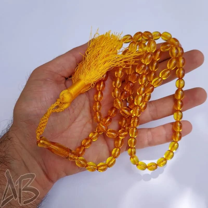 تسبیح سندلوس صد دانه (101 دانه) زرد بودار تراش تخممرغی زیبا کد 885 آقابزرگ — تصویر ۳