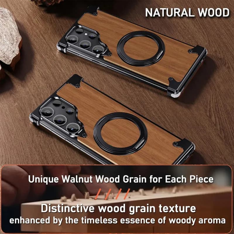 قاب استنددار چوبی سامسونگ Galaxy S25 Ultra مدل Wood Metal – Samsung Galaxy S25 Ultra Wood Metal Stand Case