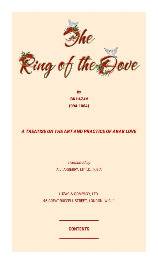 کتاب The Ring of the Dove: A Treatise on Love and Lovers (طوق الحمامة: رساله‌ای درباره عشق و عاشقان) نسخه انگلیسی PDF | ابن حزم، ترجمه آ. جی. آربری