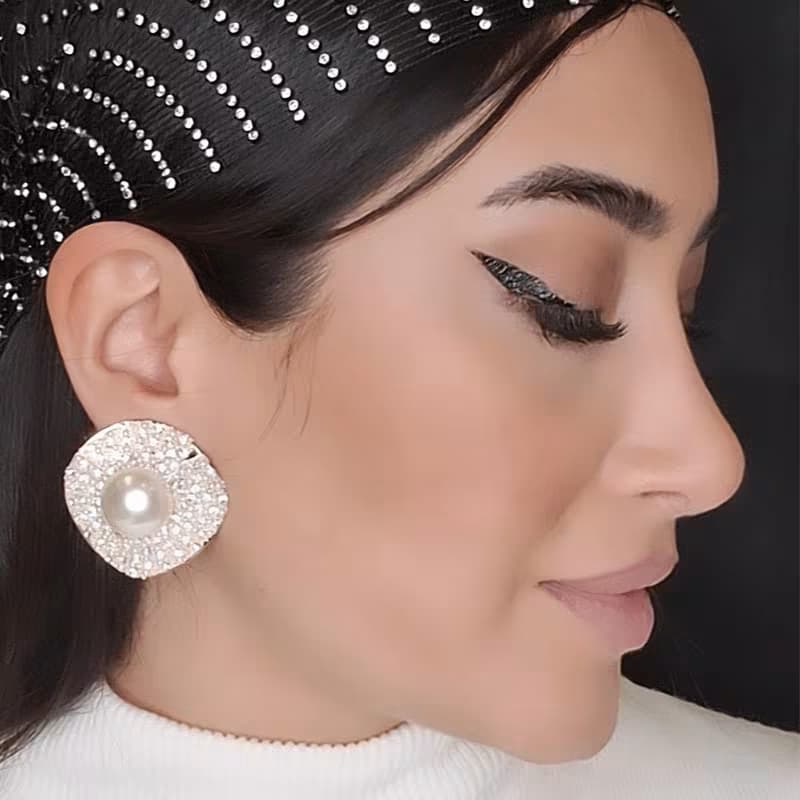 گوشواره دخترانه سواروسکی تک مروارید رنگ نقره ای