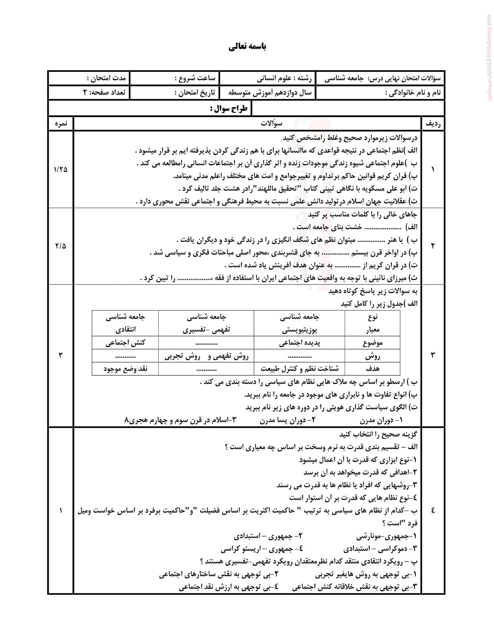آزمون پایانی نوبت دوم نهایی جامعه شناسی دوازدهم دبیرستان | با جواب