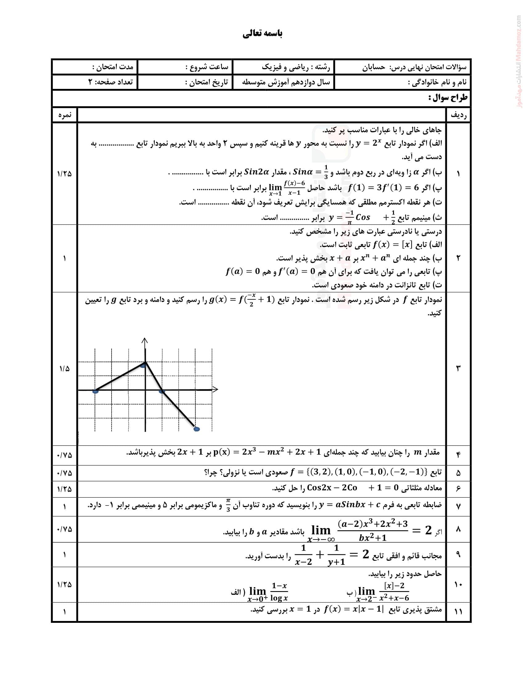 آزمون پایانی نوبت دوم نهایی حسابان دوازدهم دبیرستان | با جواب