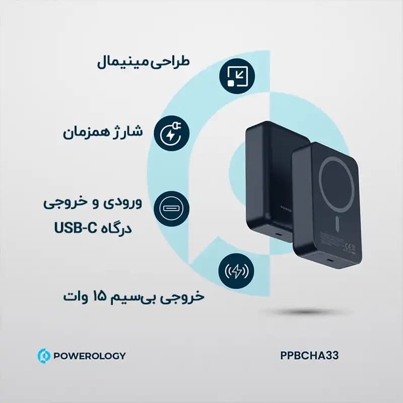 پاوربانک وایرلس 20000 مگ سیف پاورولوژی Powerology Magsafe Aluminum PPBCHA33 توان 20 وات — تصویر ۸