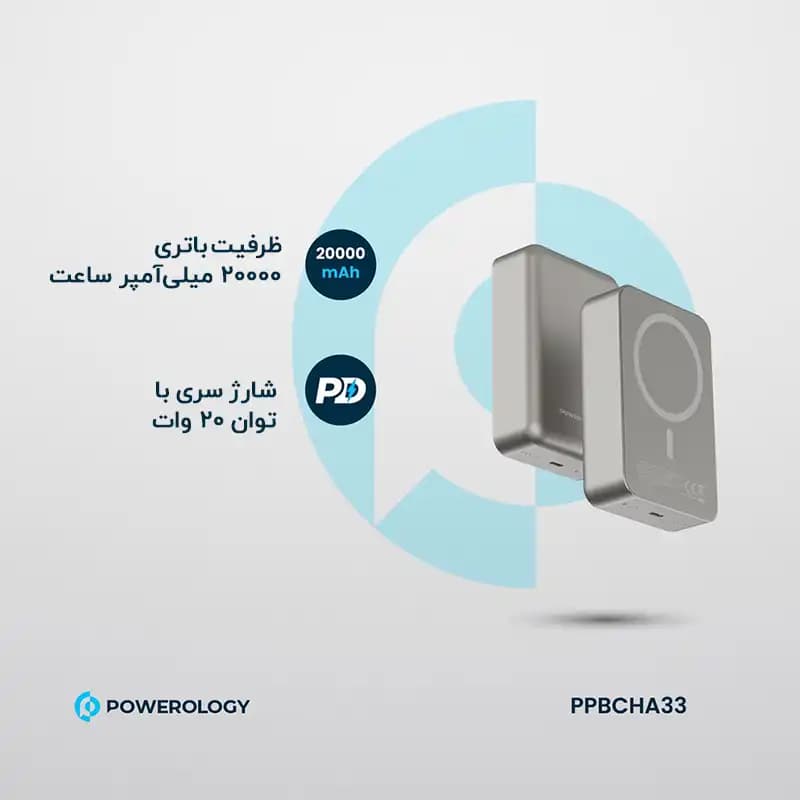 پاوربانک وایرلس 20000 مگ سیف پاورولوژی Powerology Magsafe Aluminum PPBCHA33 توان 20 وات — تصویر ۷