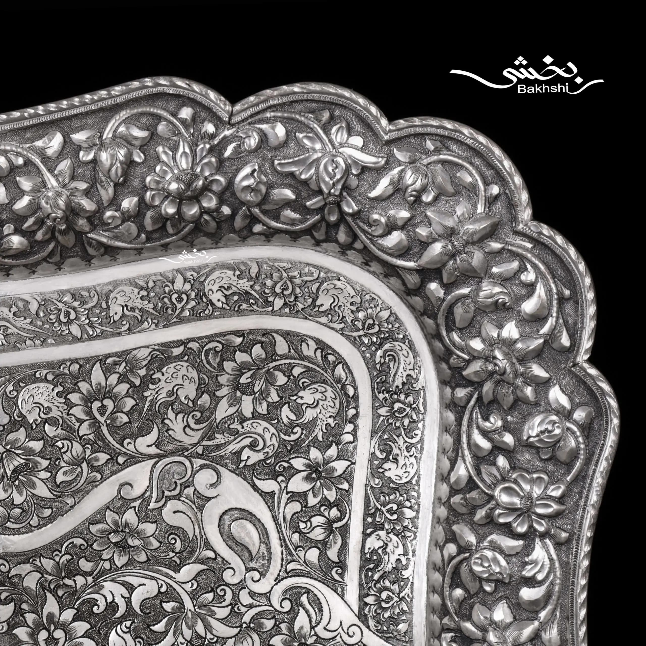 سینی مستطیل نقره گل برجسته درجه یک — تصویر ۲