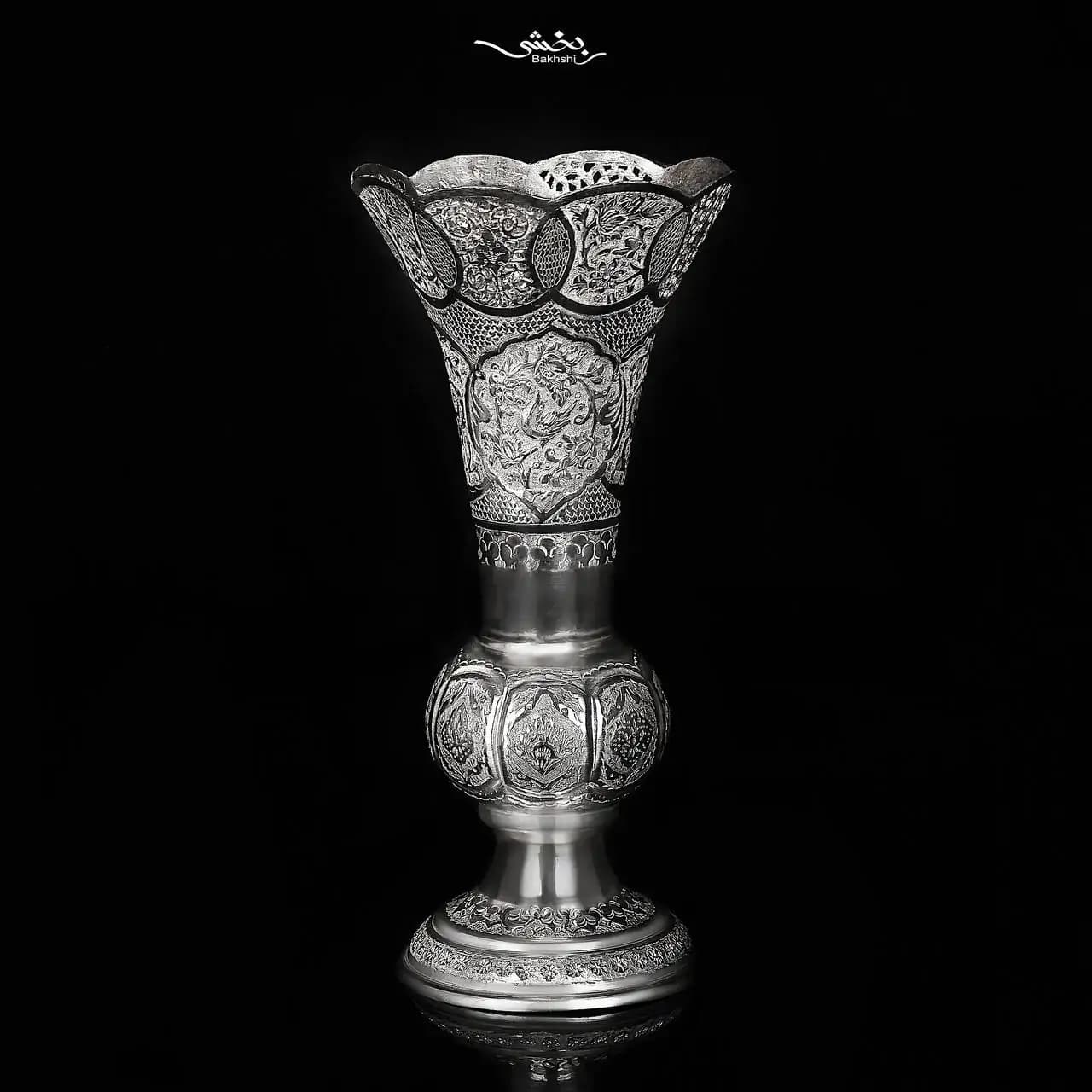 گلدان نقره لاله گل و مرغ