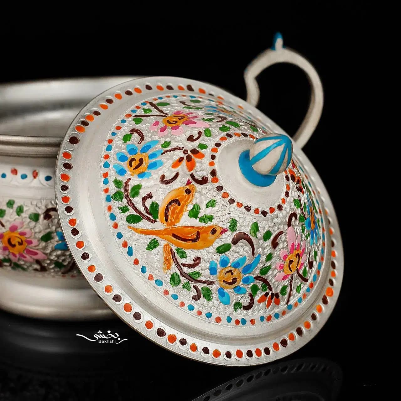 قندان دسته دار نقره میناکاری اعلا — تصویر ۲