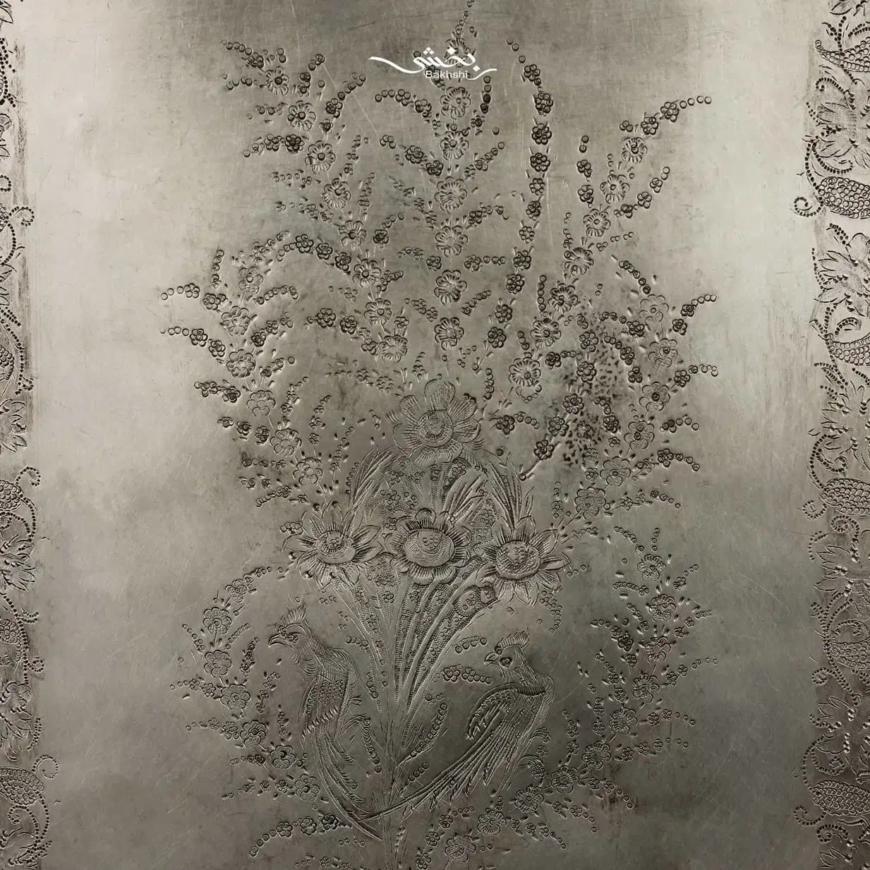 سینی مستطیل نقره گل و مرغ آنتیک — تصویر ۳