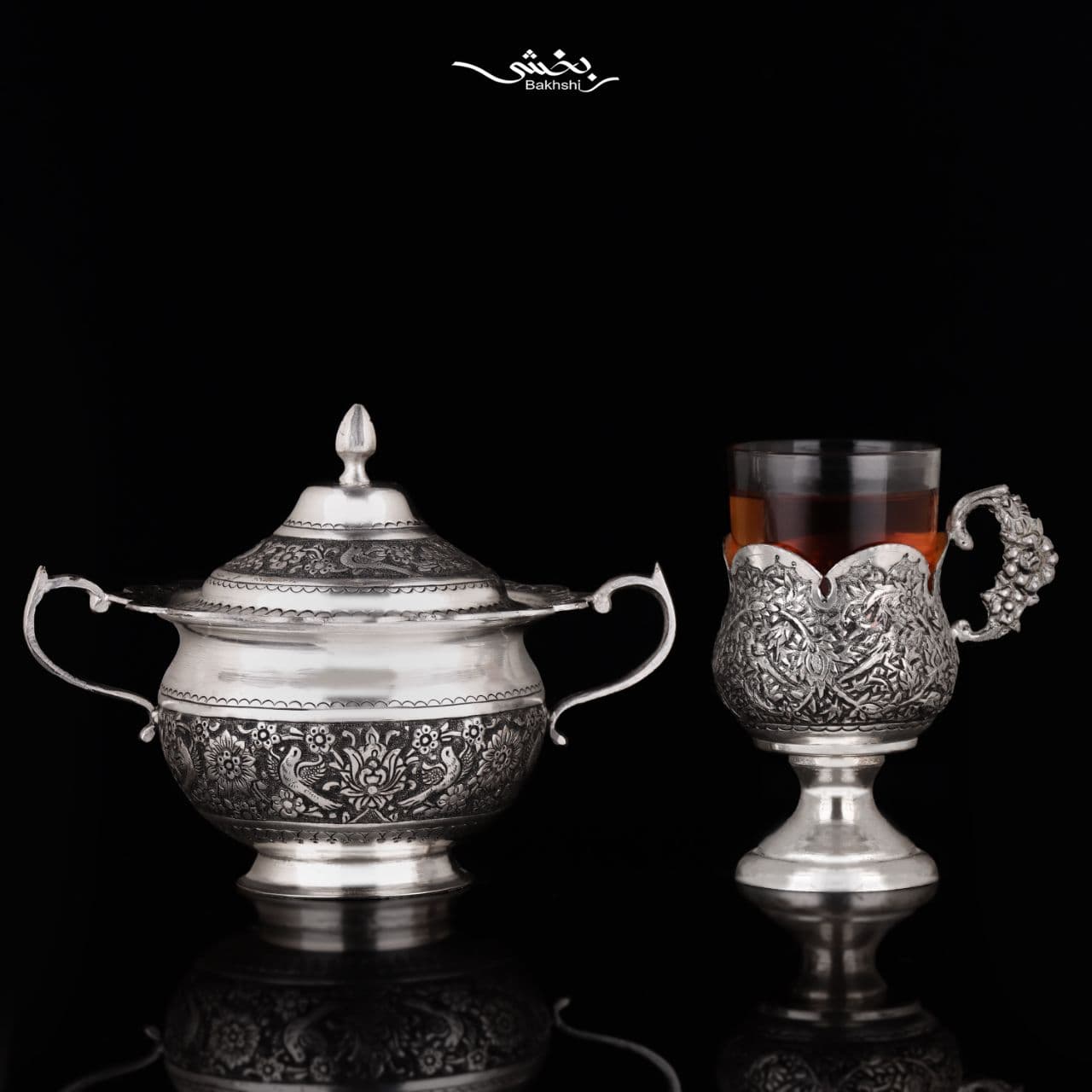انگاره نقره لاله شش عددی پایه دار گل و مرغ درجه یک — تصویر ۳