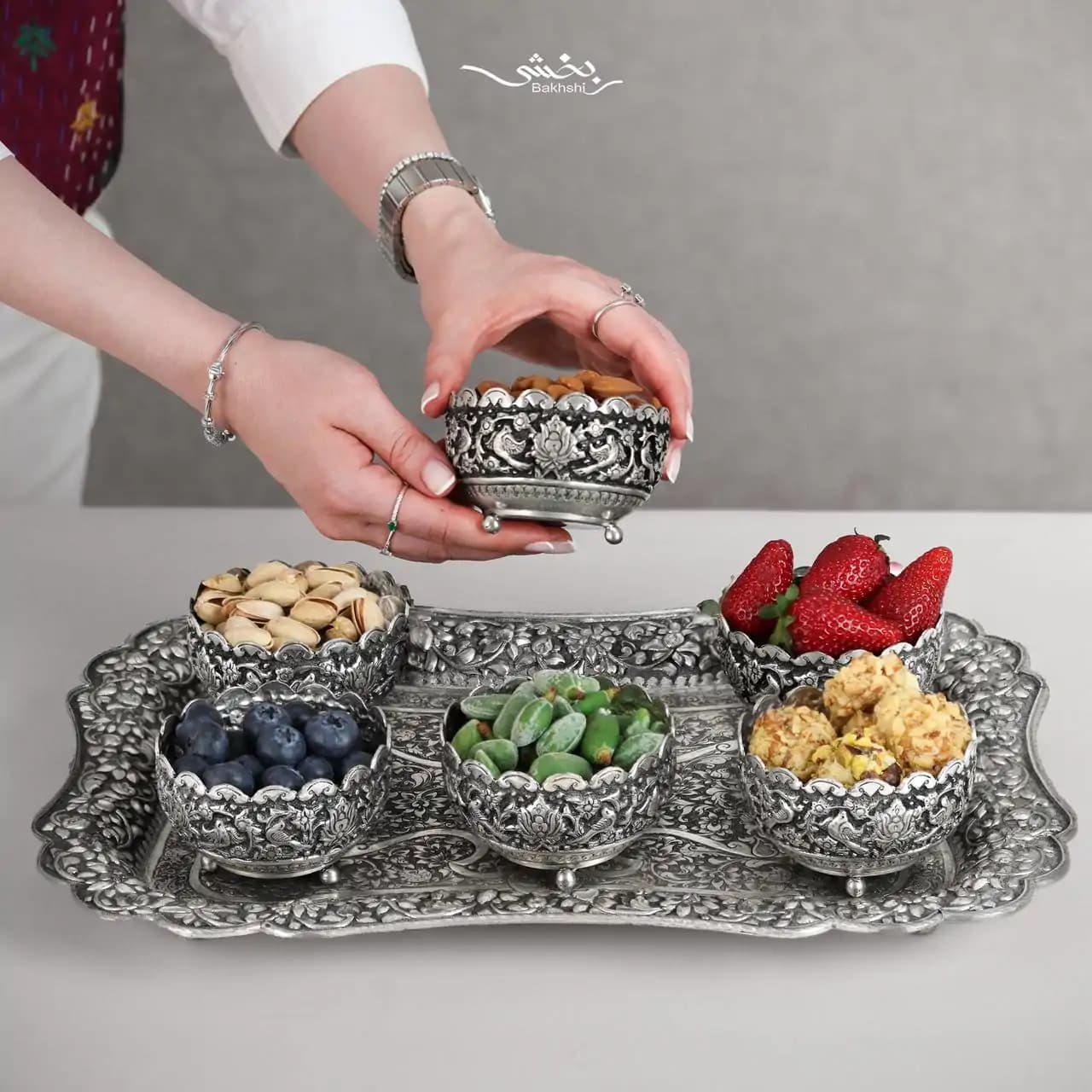 کاسه نقره شش عددی پایه گلوله ای گل و مرغ درجه یک — تصویر ۵