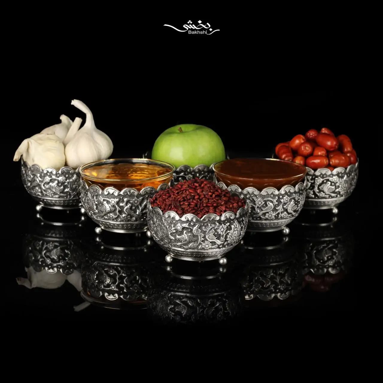 کاسه نقره شش عددی پایه گلوله ای گل و مرغ درجه یک