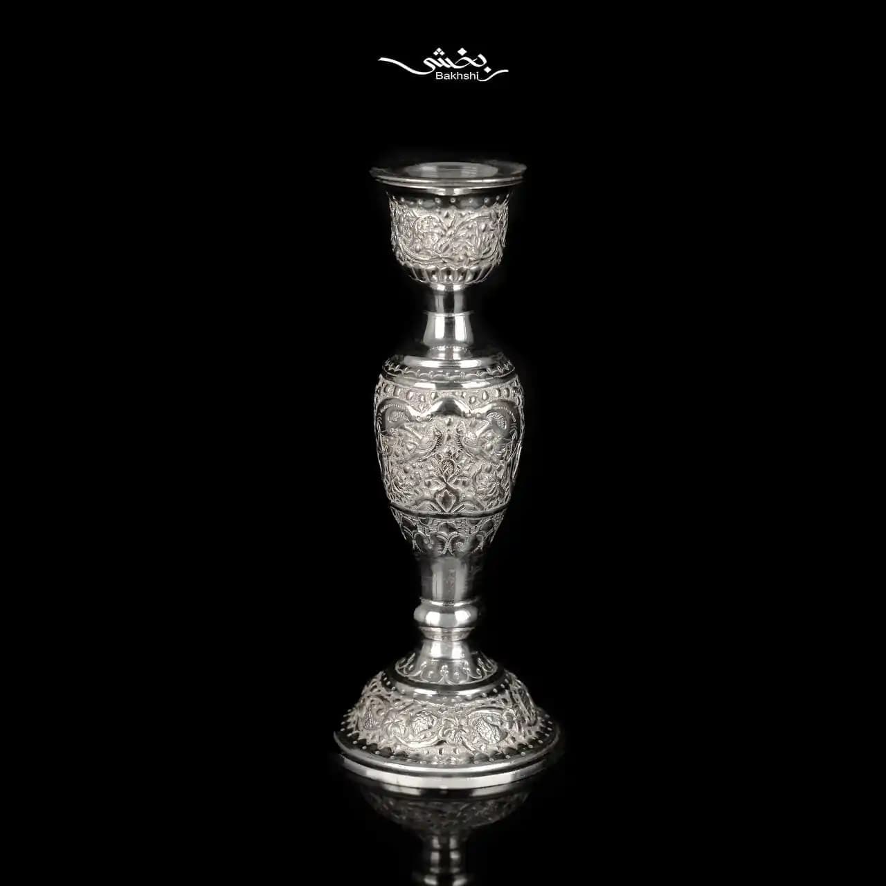 شمعدان نقره قلم گل و مرغ — تصویر ۲