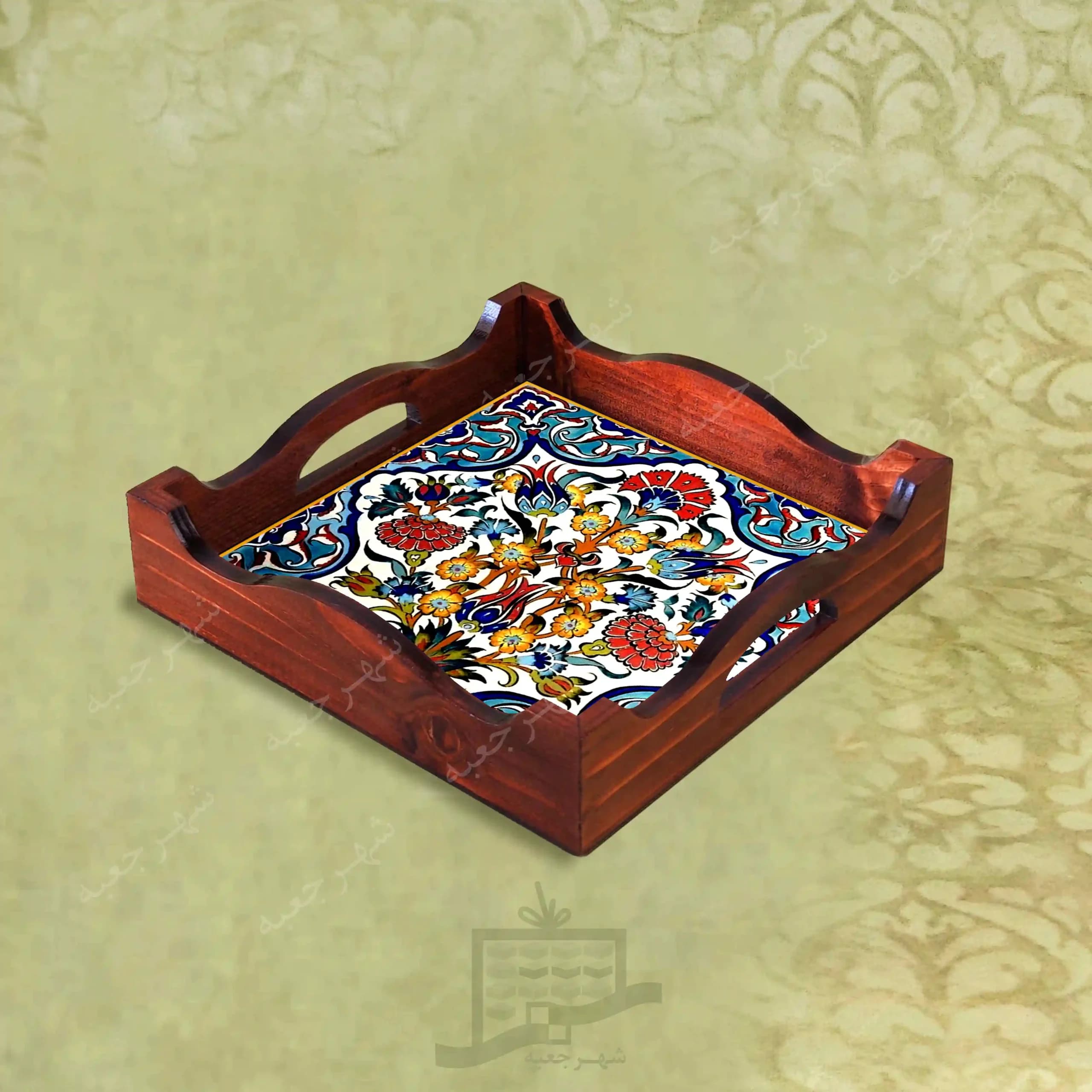 سینی چوبی (طرح R*G11*22) – پذیرایی لاکچری، ضد آب، سنتی، تنقلات، سرو، رزینی