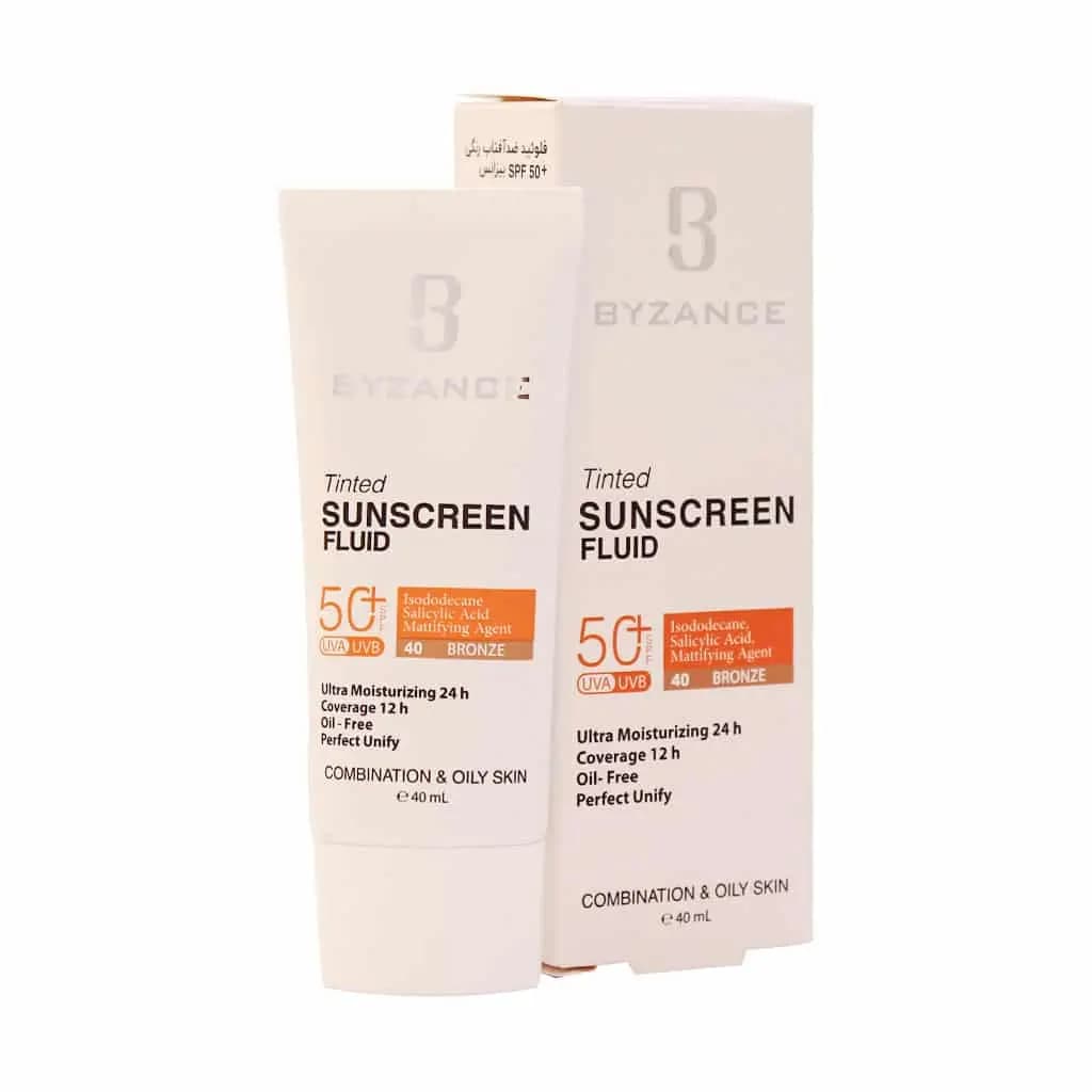 فلوئید ضد آفتاب کرم پودری +SPF50 مناسب پوست مختلط و چرب رنگ برنز بیزانس 40 میلی لیتر — تصویر ۲