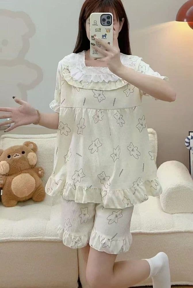 ست دو تیکه راحتی دخترانه بلوز و شلوارک نخ موسلین کد 1434