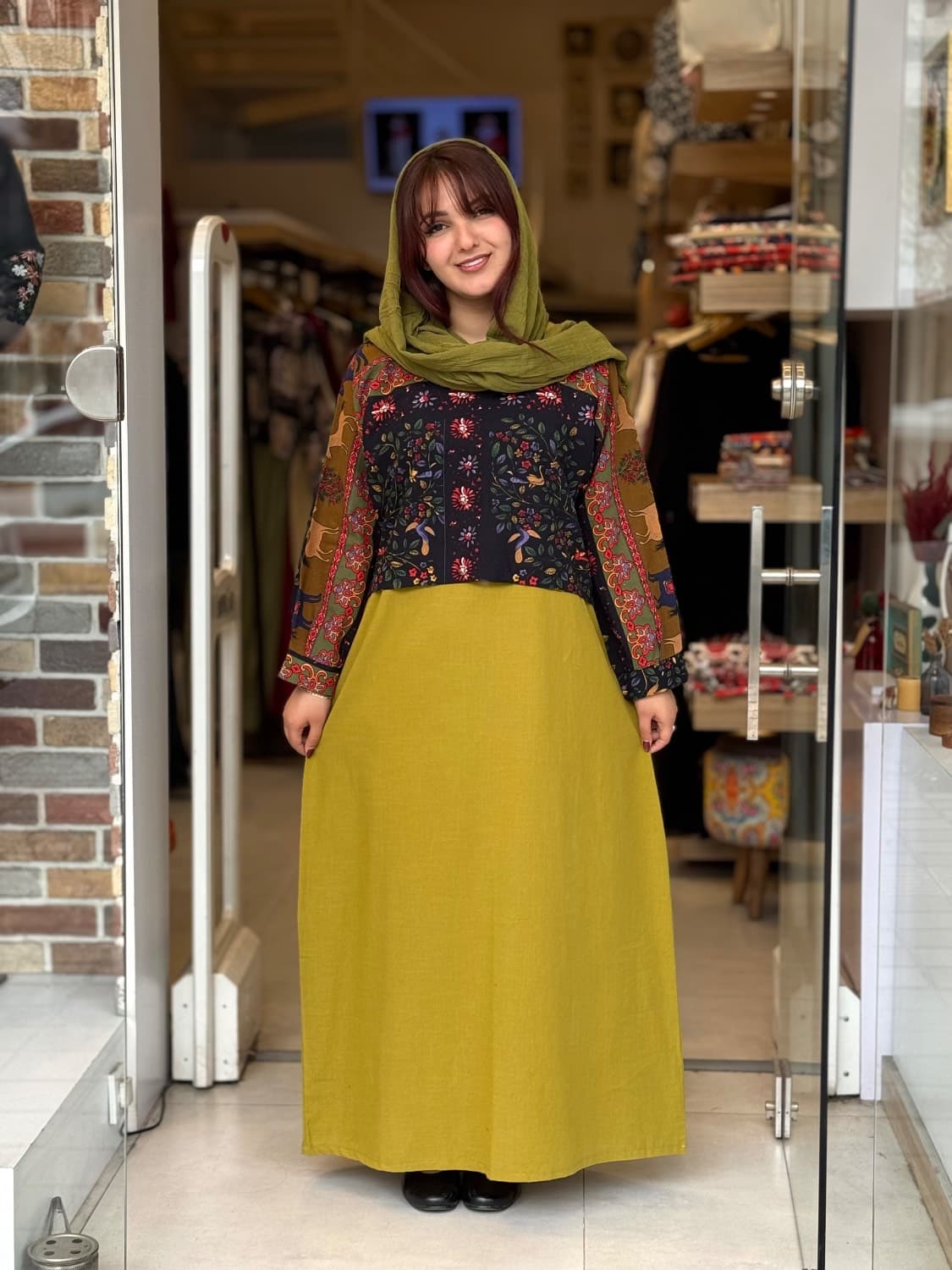 ست کراپ و سارافون سین خردلی حنایی طرحدار