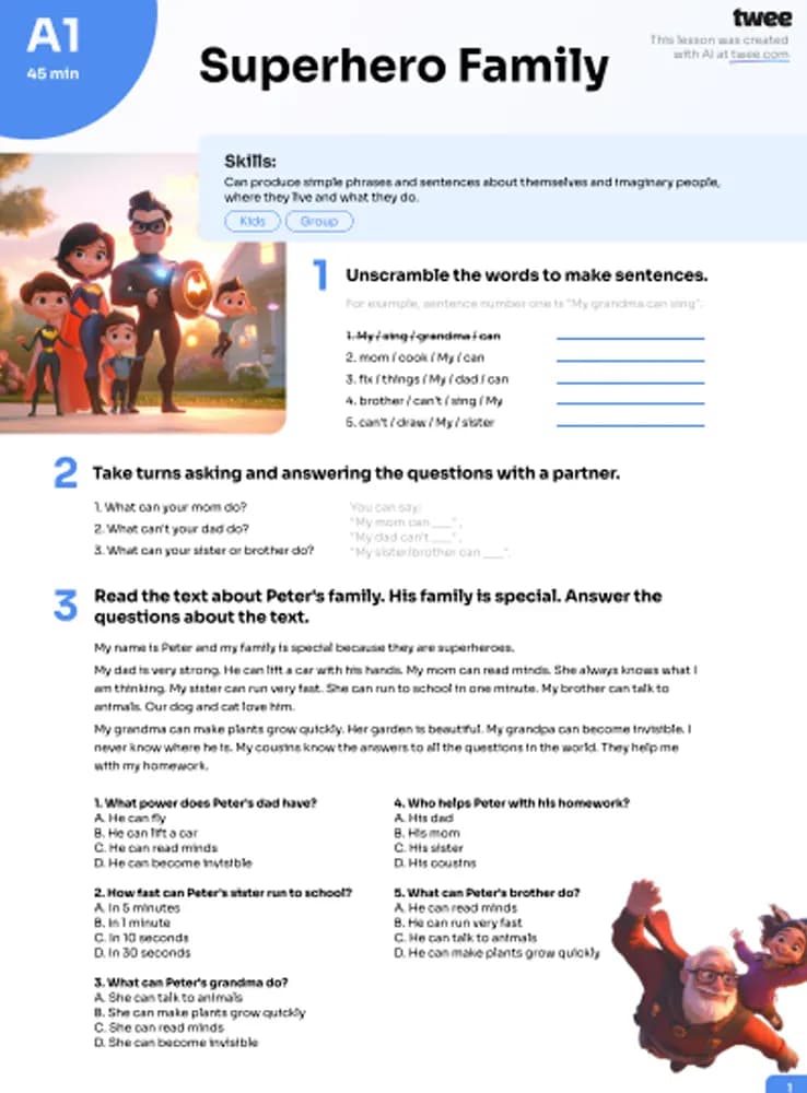 کتاب superhero-family-a1 (خانواده ابرقهرمان سطح A1) نسخه انگلیسی PDF