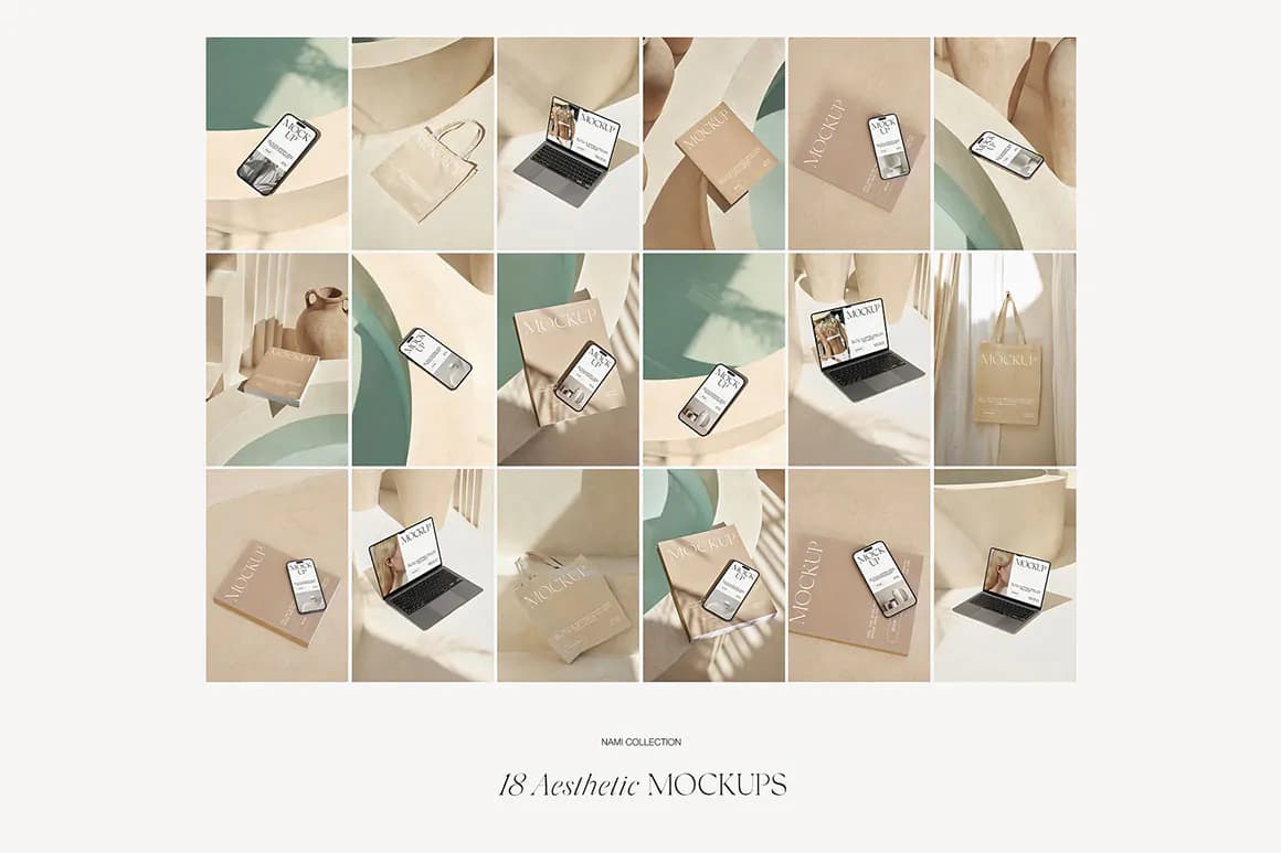 موکاپ آیفون مک بوک کتاب و ساک خرید مینیمال — تصویر ۲