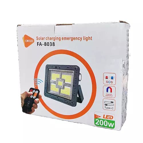 پروژکتور شارژی خورشیدی 200 وات ریموت دار OKGO مدل FA-8038 — تصویر ۴