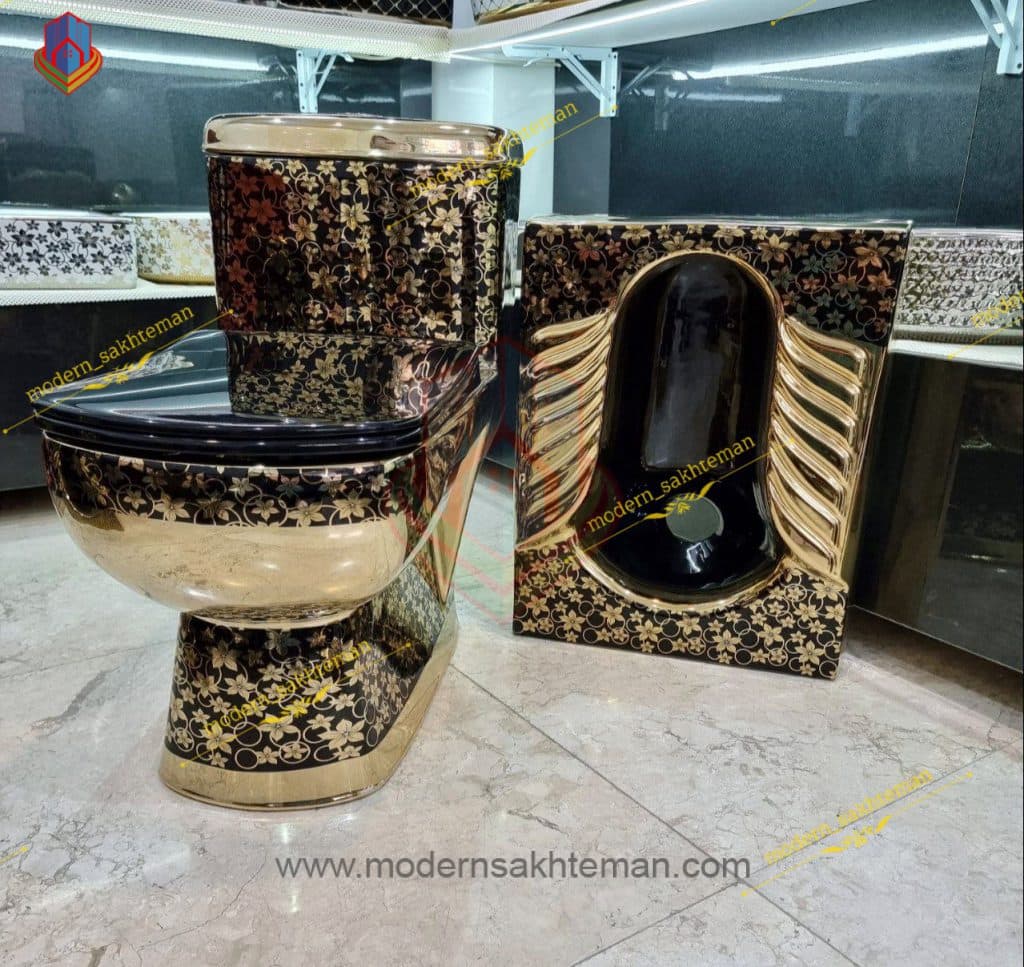 ست توالت فرنگی و کاسه توالت زمینی لوکس مشکی طلایی کد 3345 — تصویر ۳