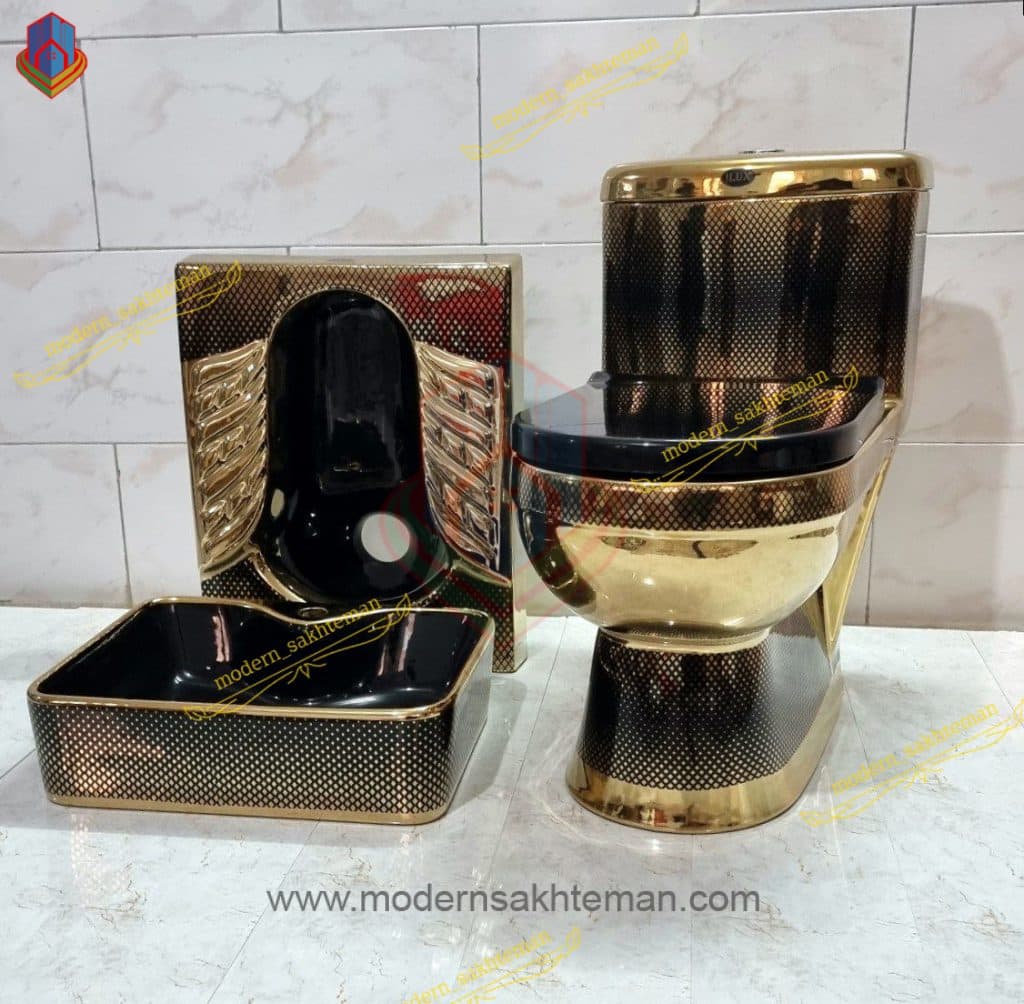 ست توالت فرنگی کاسه توالت زمینی و کاسه روشویی لوکس مشکی طلایی کد 6533 — تصویر ۴
