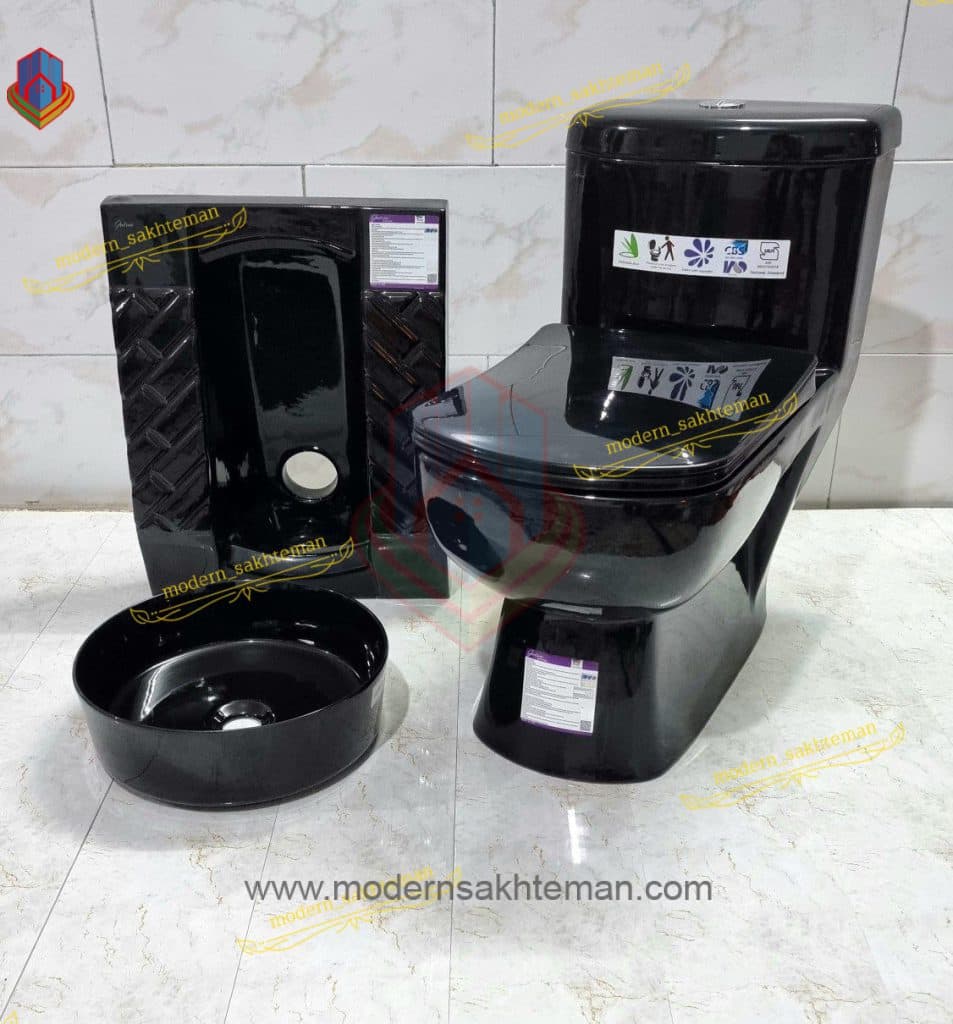 ست توالت فرنگی کاسه توالت زمینی و کاسه روشویی لوکس مشکی کد T276 — تصویر ۳